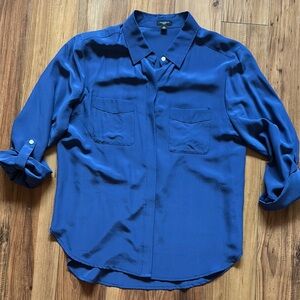 Ann Taylor Silk Blue Button Down Shirt Relaxed Fit
